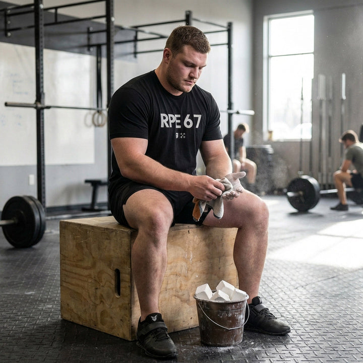 RPE 6 7 tee in Black: RPE 67 in bold distressed block letters with small CB marks below