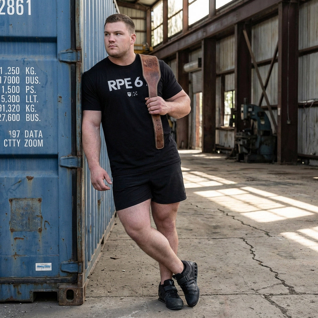 RPE 6 7 tee in Black: RPE 67 in bold distressed block letters with small CB marks below