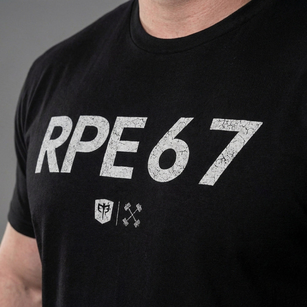 RPE 6 7 tee in Black: RPE 67 in bold distressed block letters with small CB marks below