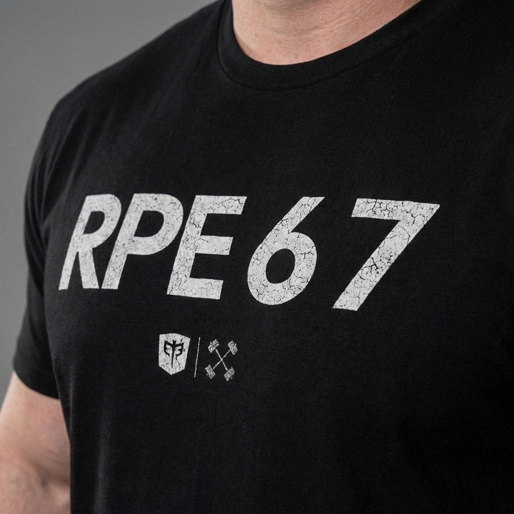 RPE 6 7 tee in Black: RPE 67 in bold distressed block letters with small CB marks below