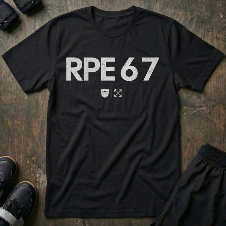 RPE 6 7 tee in Black: RPE 67 in bold distressed block letters with small CB marks below