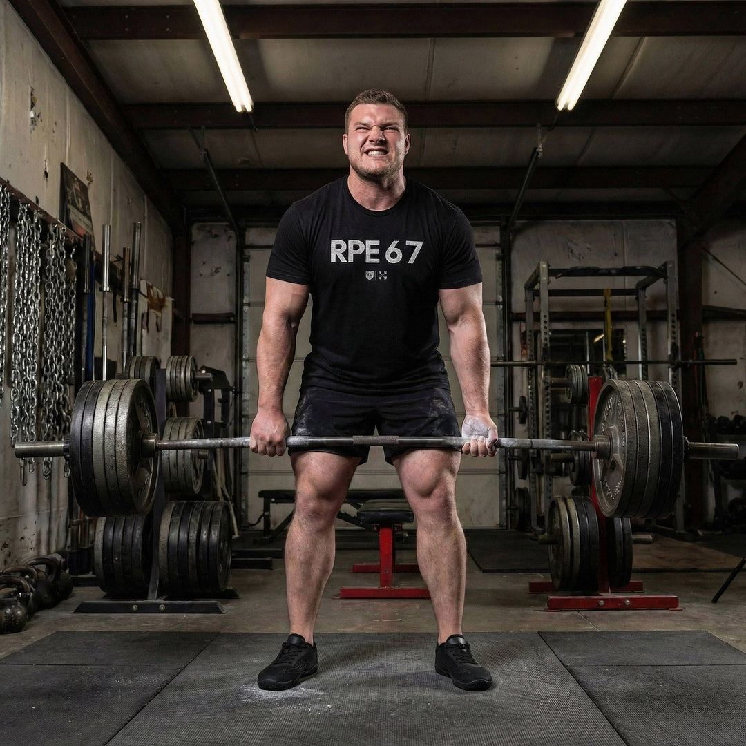 RPE 6 7 tee in Black: RPE 67 in bold distressed block letters with small CB marks below