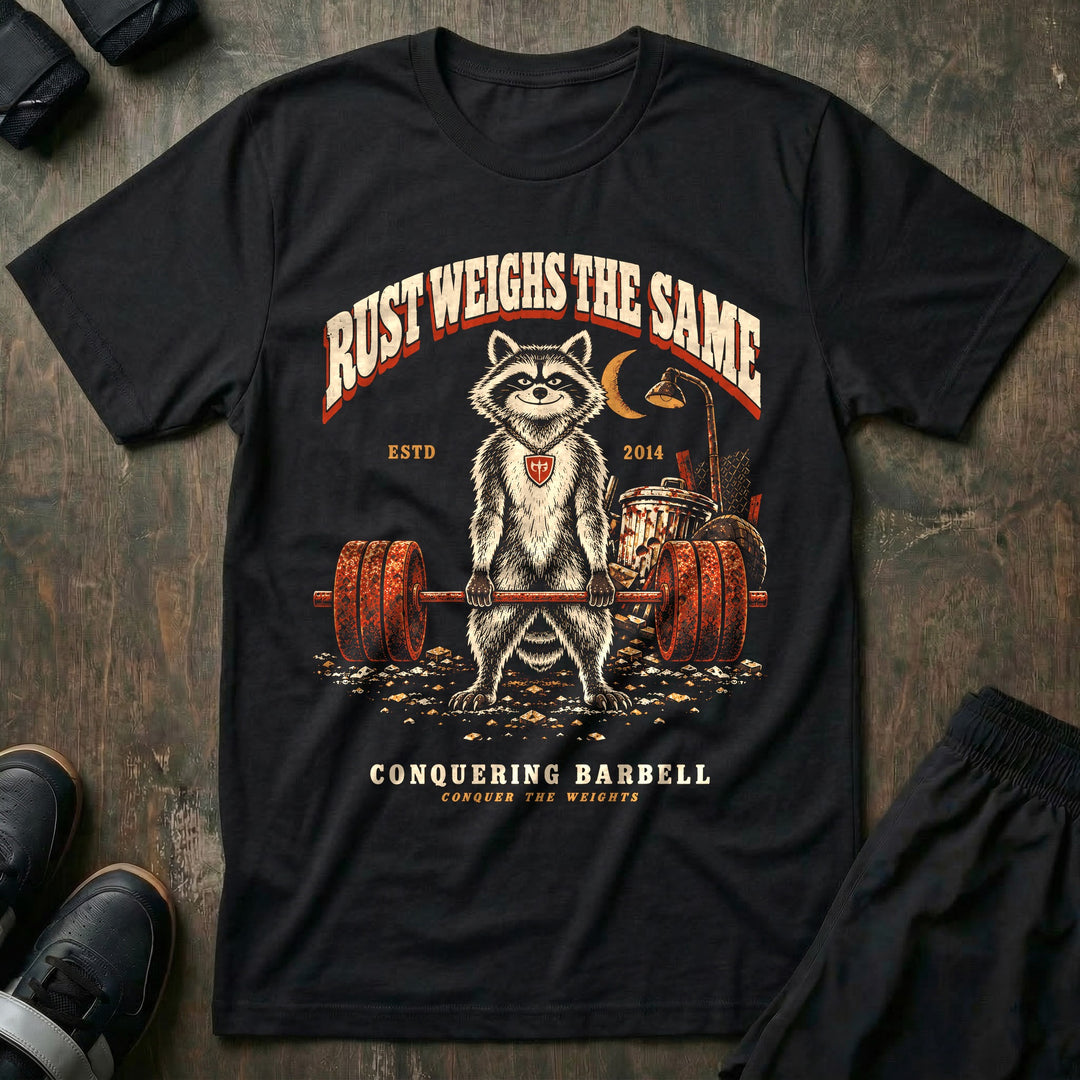 Rust Weighs the Same - Tee front graphic in Black with a raccoon deadlifting a rusty barbell in a junkyard at night - Conquering Barbell