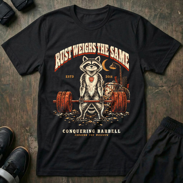 Rust Weighs the Same - Tee front graphic in Black with a raccoon deadlifting a rusty barbell in a junkyard at night - Conquering Barbell