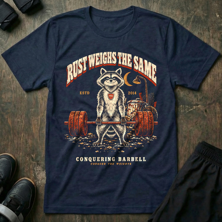 Rust Weighs the Same - Tee front graphic in Navy with a raccoon deadlifting a rusty barbell in a junkyard at night - Conquering Barbell