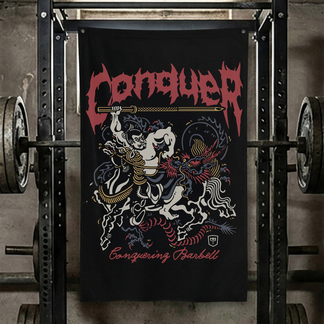 Samurai - Bajutsu - Polyester Flag, vertical black gym flag with mounted samurai charging on horseback - Conquering Barbell