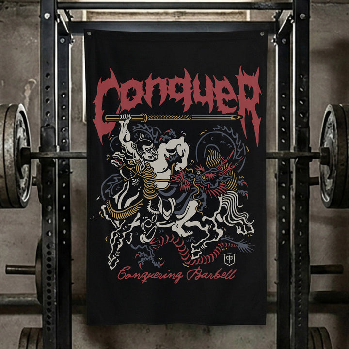 Samurai - Bajutsu - Polyester Flag, vertical black gym flag with mounted samurai charging on horseback - Conquering Barbell