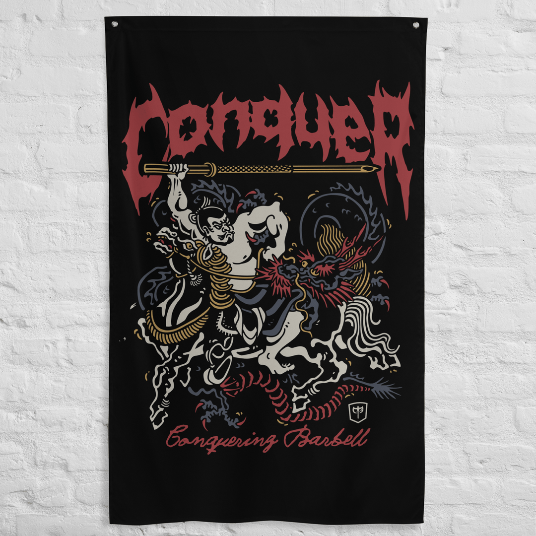 Samurai - Bajutsu - Polyester Flag, vertical gym flag hanging in a home gym - Conquering Barbell
