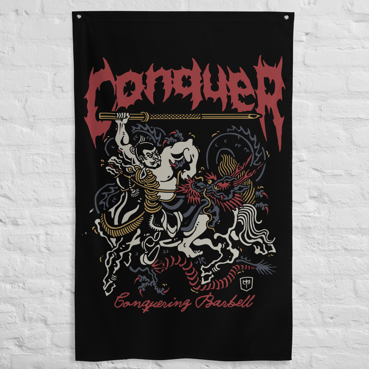 Samurai - Bajutsu - Polyester Flag, vertical gym flag hanging in a home gym - Conquering Barbell