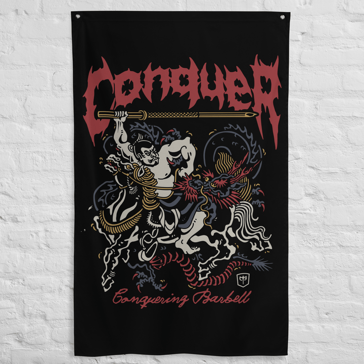 Samurai - Bajutsu - Polyester Flag, vertical gym flag hanging in a home gym - Conquering Barbell
