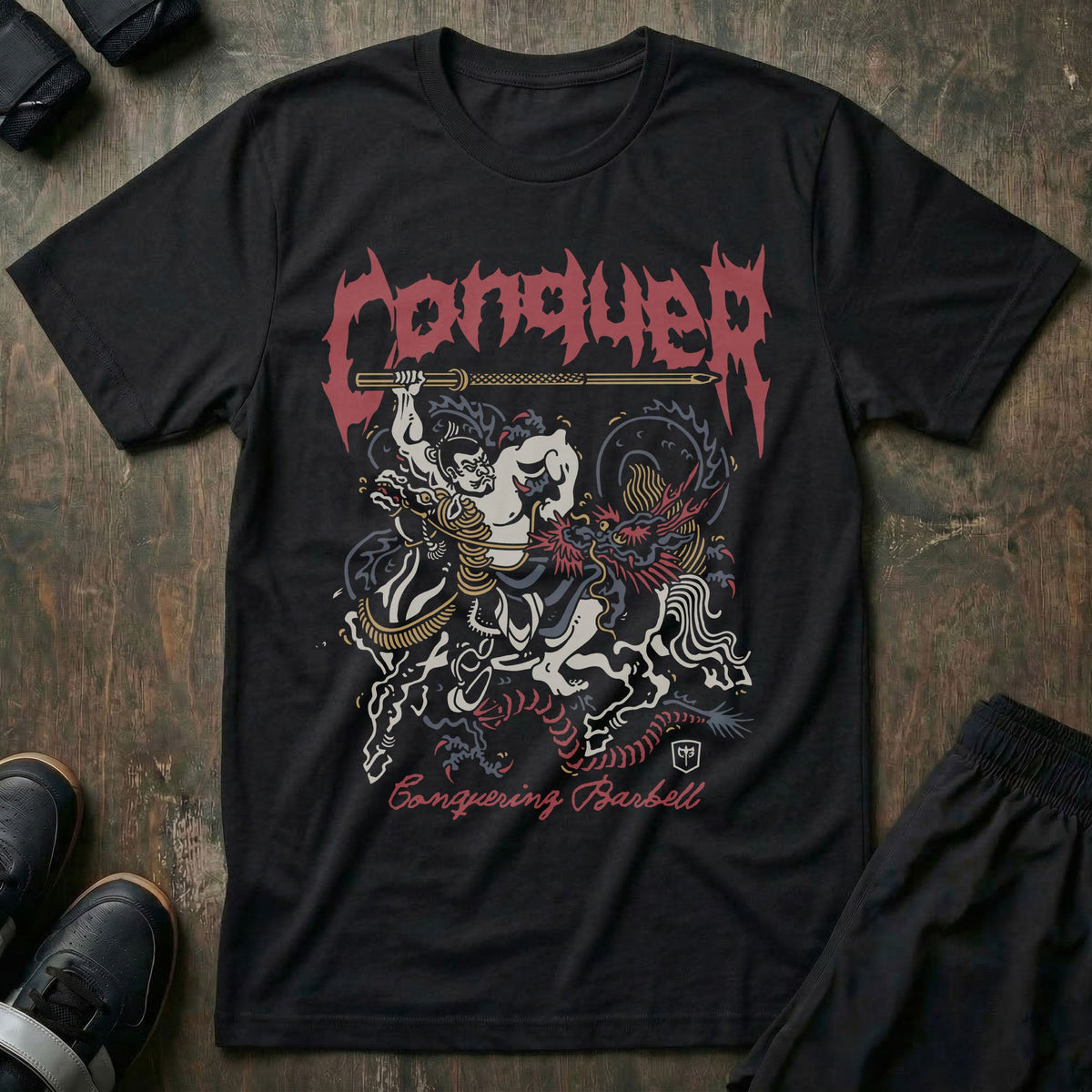 Samurai Bajutsu tee in Black: a fearless mounted samurai charging into battle with a fierce dragon in red and navy