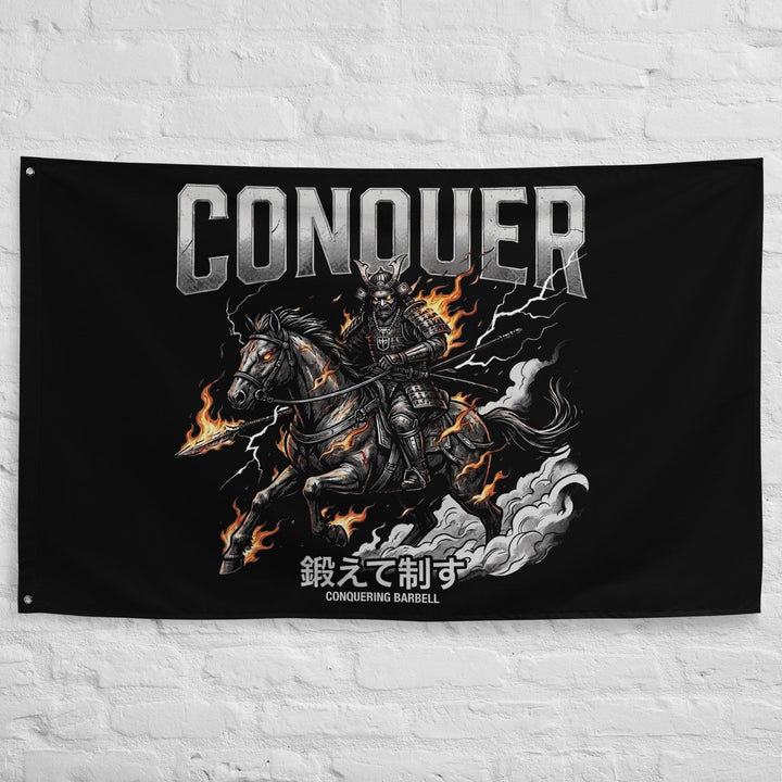 Samurai Charge - Polyester Flag, horizontal gym flag hanging in a home gym - Conquering Barbell