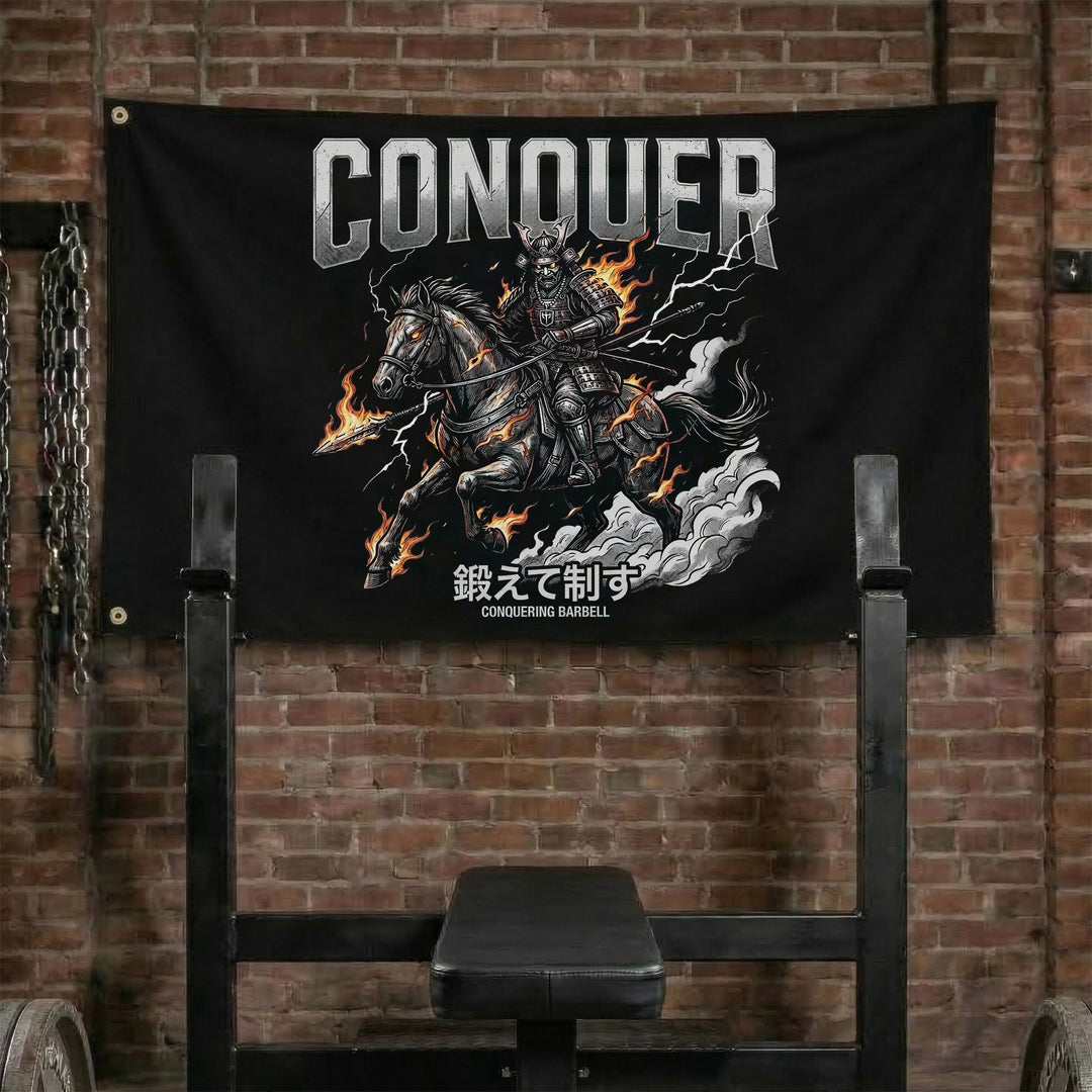 Samurai Charge - Polyester Flag, horizontal black gym flag with mounted samurai charging through smoke - Conquering Barbell