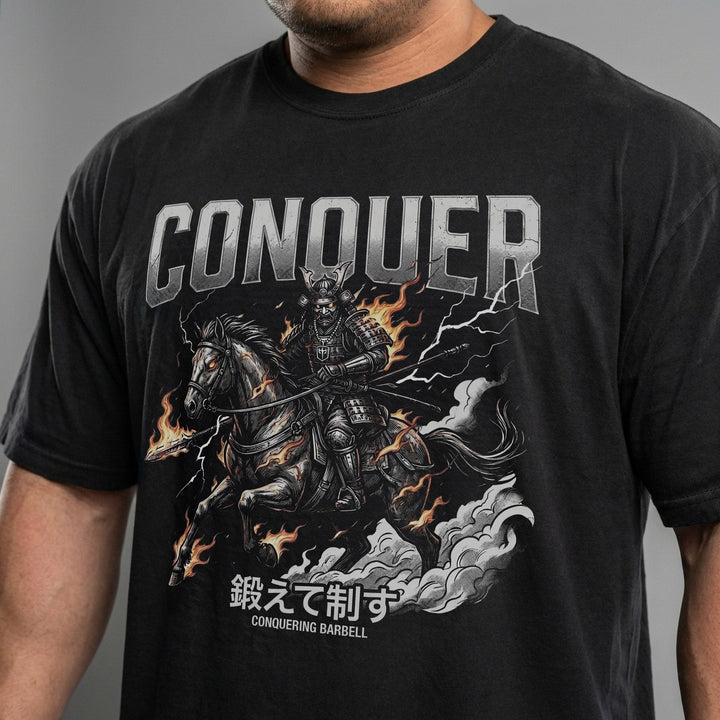 Samurai Charge relaxed fit tee in Black: a warrior on horseback charging through flames and lightning