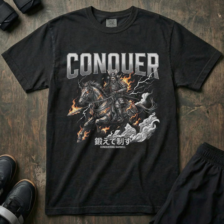 Samurai Charge relaxed fit tee in Black: a warrior on horseback charging through flames and lightning