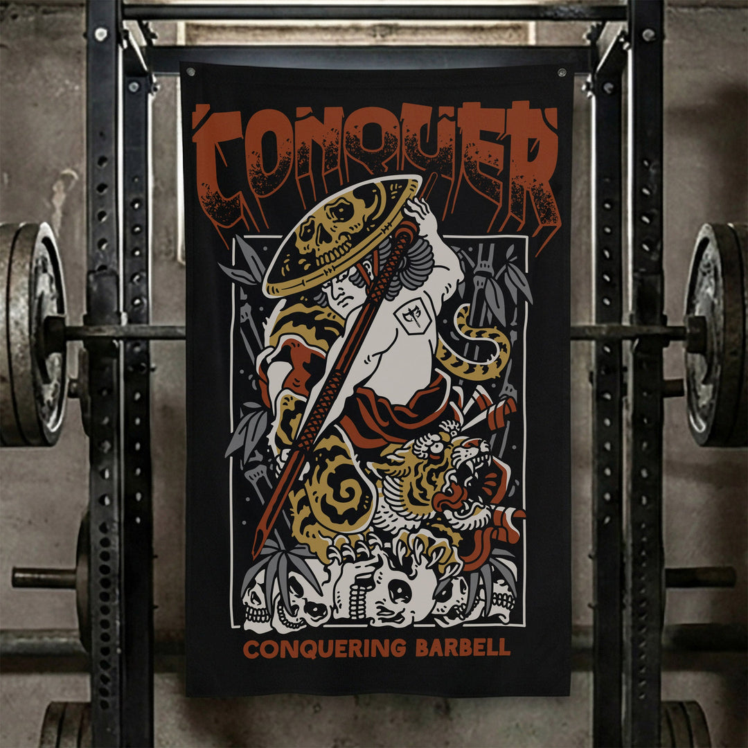 Samurai - Conqueror - Polyester Flag, vertical black gym flag with straw-hatted samurai riding a snarling tiger - Conquering Barbell