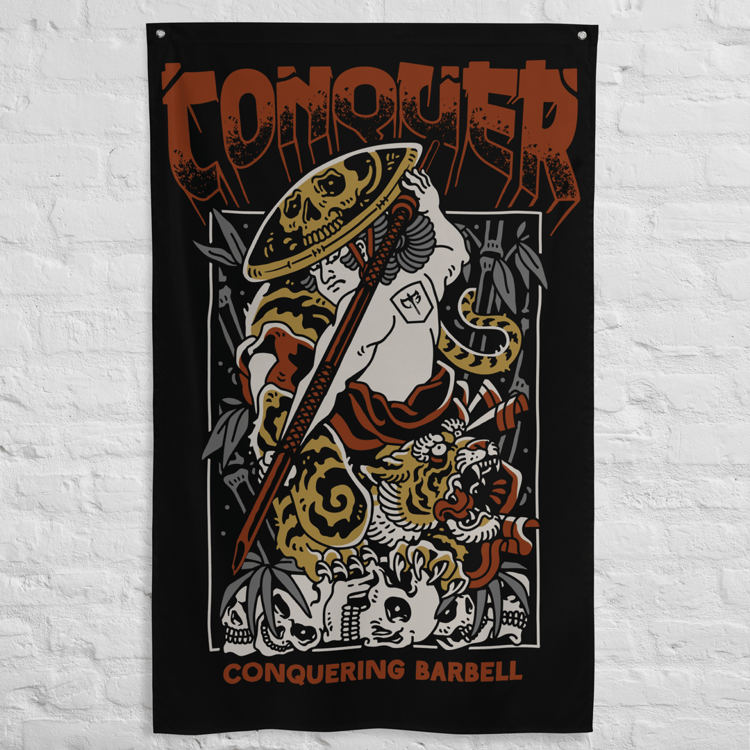 Samurai - Conqueror - Polyester Flag, vertical gym flag hanging in a home gym - Conquering Barbell