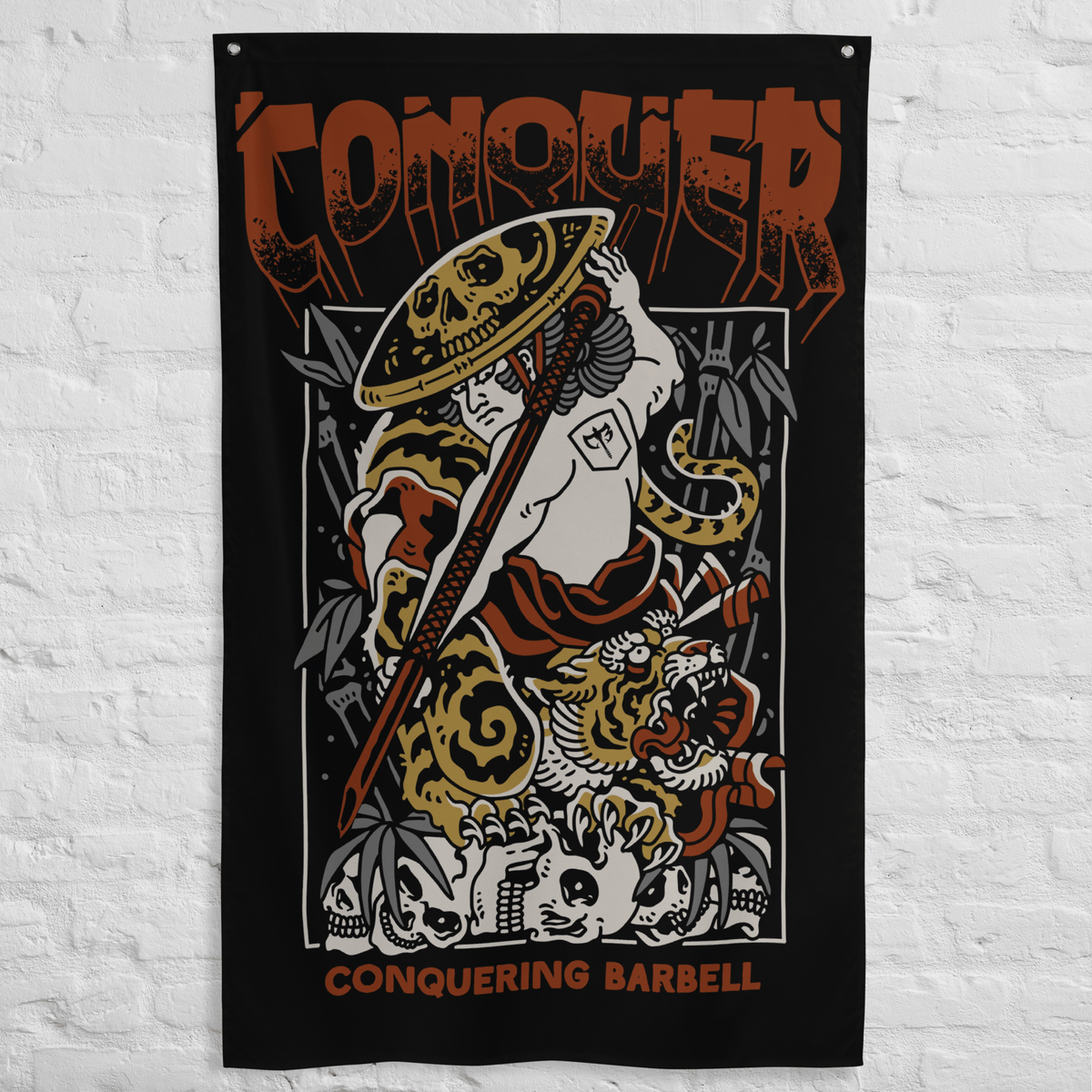 Samurai - Conqueror - Polyester Flag, vertical gym flag hanging in a home gym - Conquering Barbell