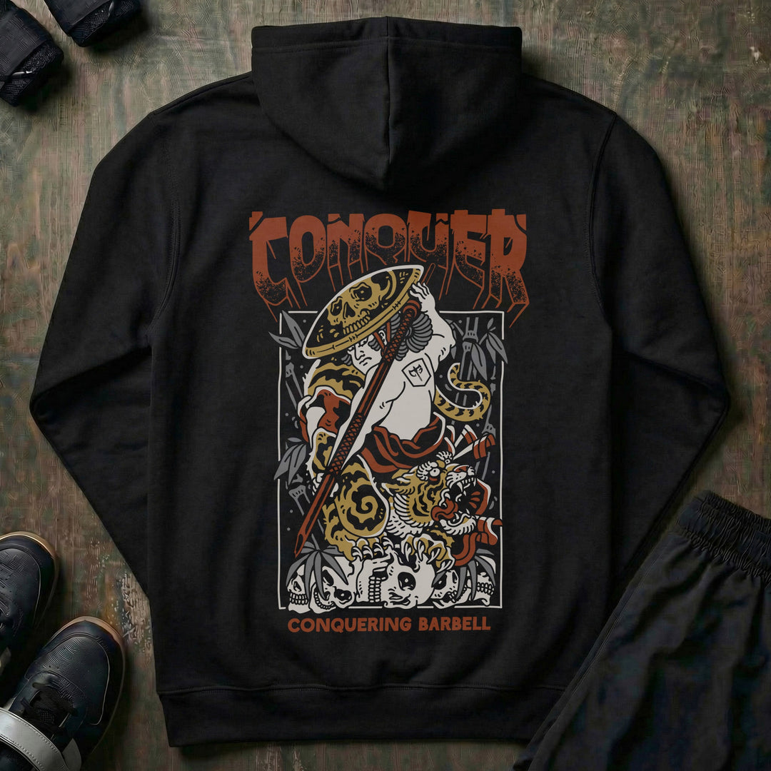 Samurai - Conqueror - on Black Pullover Hoodie - Conquering Barbell