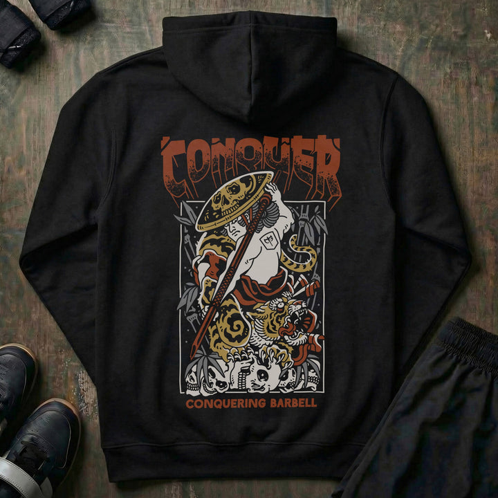 Samurai - Conqueror - on Black Pullover Hoodie - Conquering Barbell