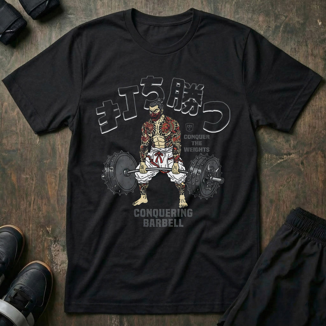 Samurai Deadlift tee in Black: an armored samurai pulling a loaded deadlift