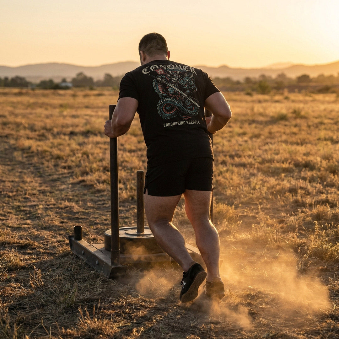 Samurai Dragon Warrior - Powerlifting on Black Tee - Conquering Barbell