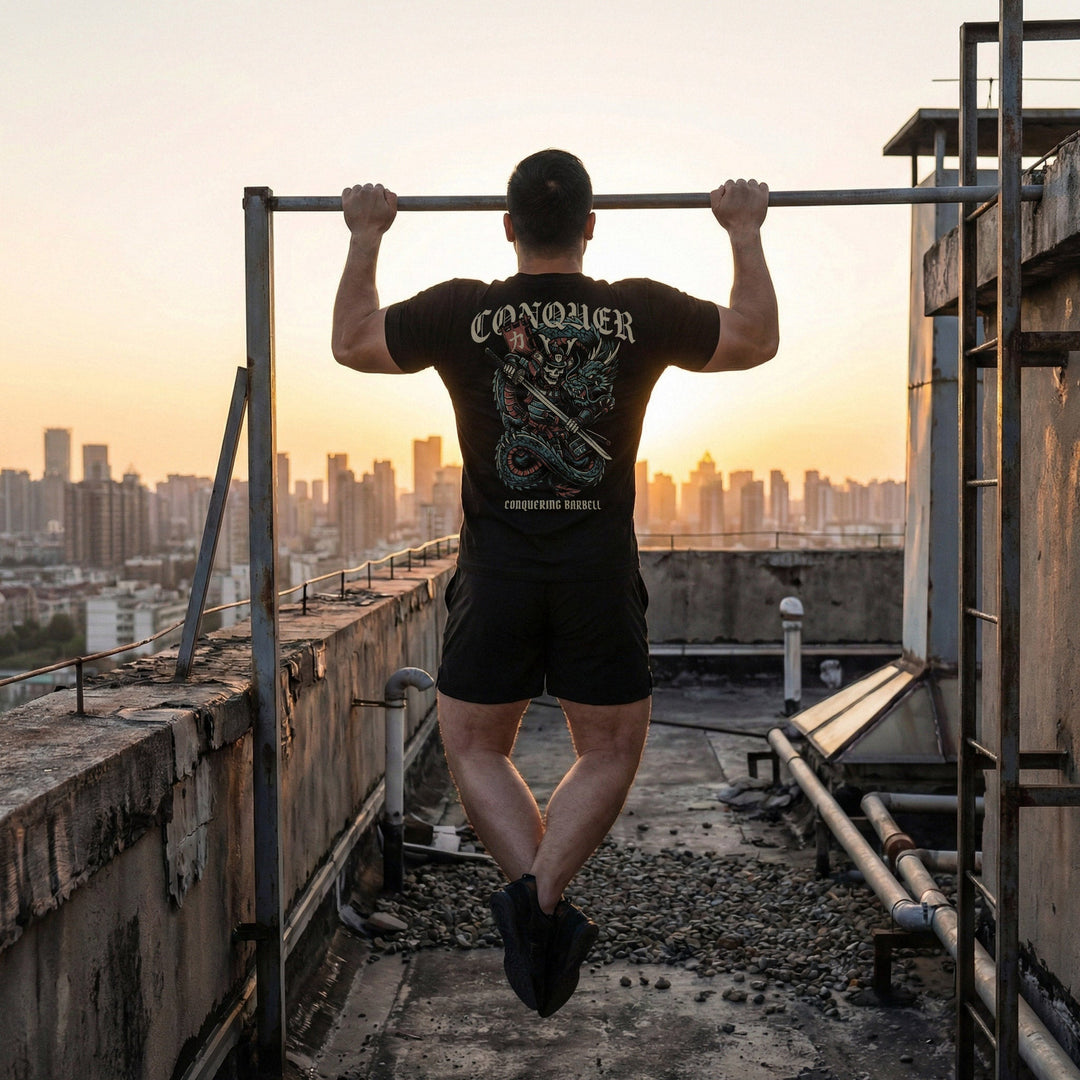 Samurai Dragon Warrior - Powerlifting on Black Tee - Conquering Barbell