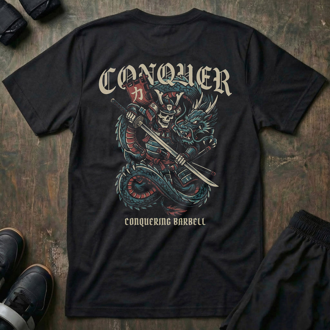 Samurai Dragon Warrior - Powerlifting on Black Tee - Conquering Barbell