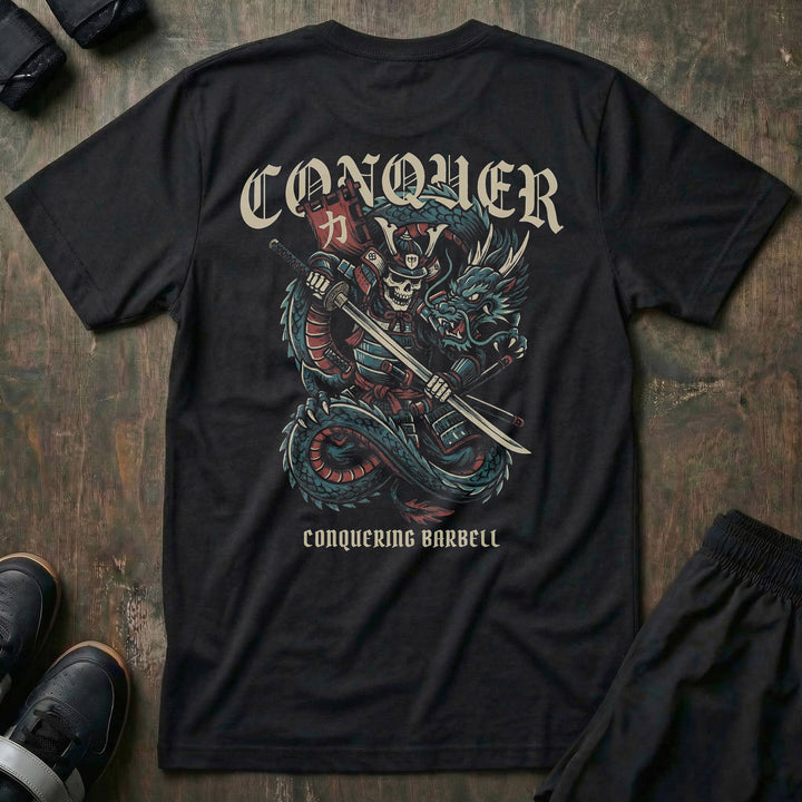 Samurai Dragon Warrior - Powerlifting on Black Tee - Conquering Barbell
