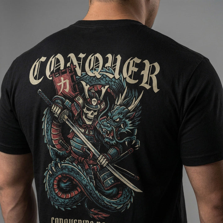 Samurai Dragon Warrior - Powerlifting on Black Tee - Conquering Barbell