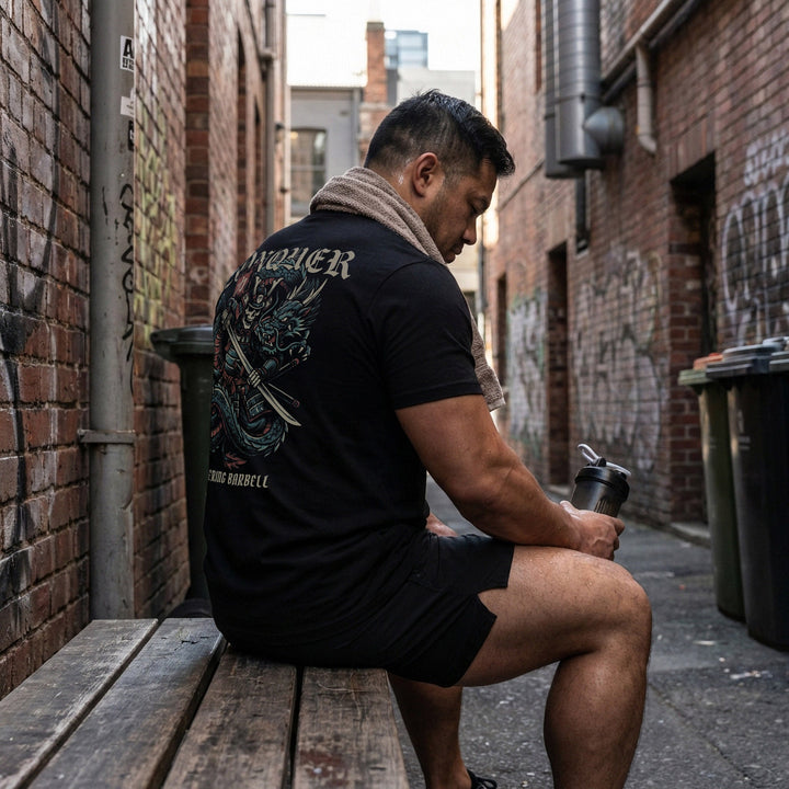 Samurai Dragon Warrior - Powerlifting on Black Tee - Conquering Barbell