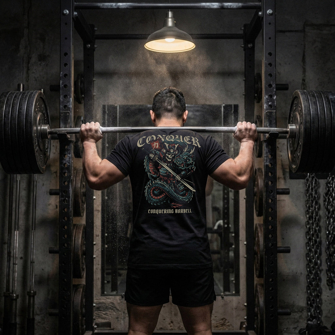 Samurai Dragon Warrior - Powerlifting on Black Tee - Conquering Barbell