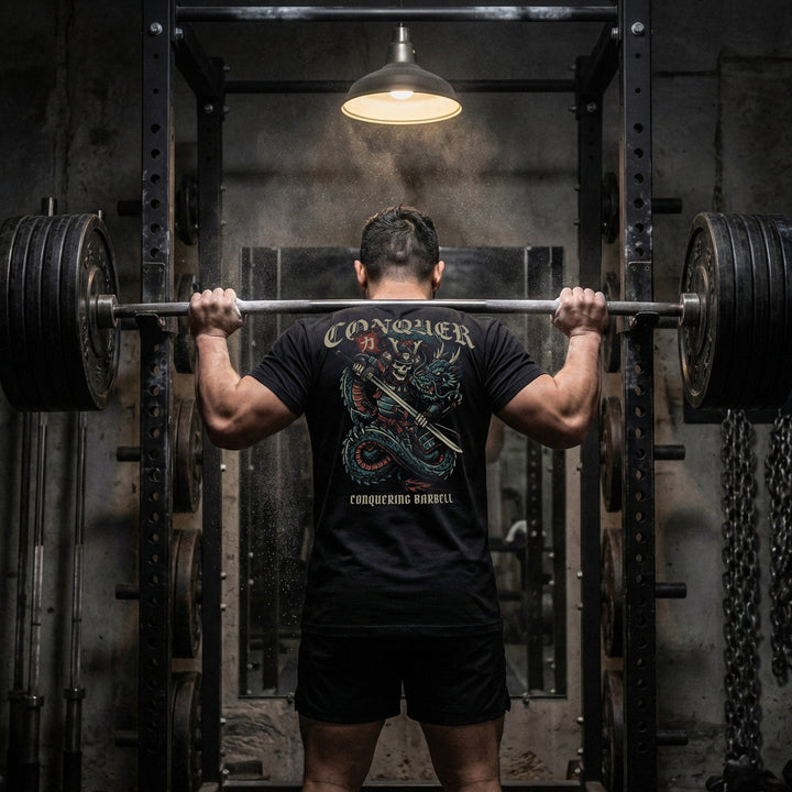 Samurai Dragon Warrior - Powerlifting on Black Tee - Conquering Barbell