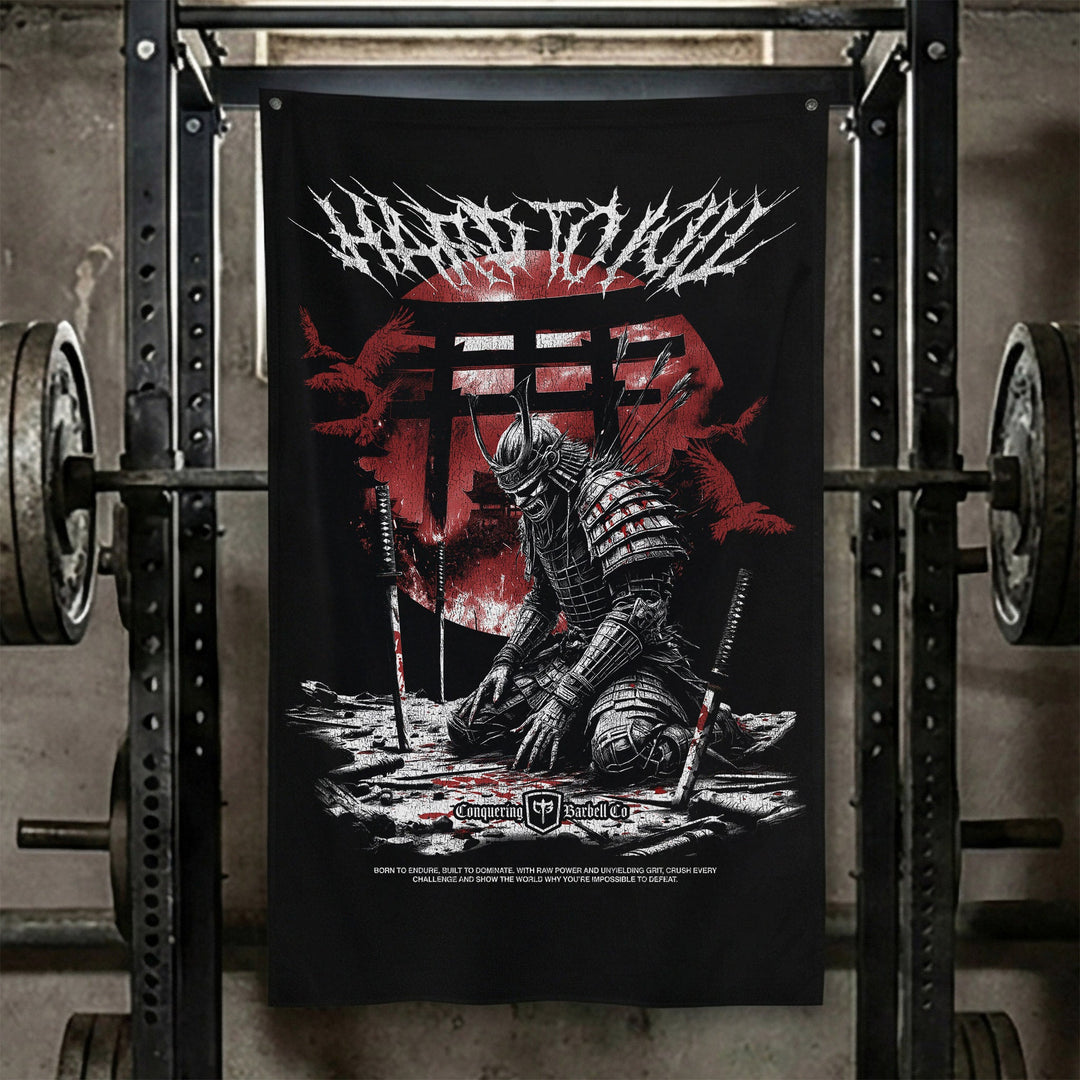 Samurai - Hard to Kill - Polyester Flag, vertical black gym flag with samurai kneeling before a blood red rising sun - Conquering Barbell