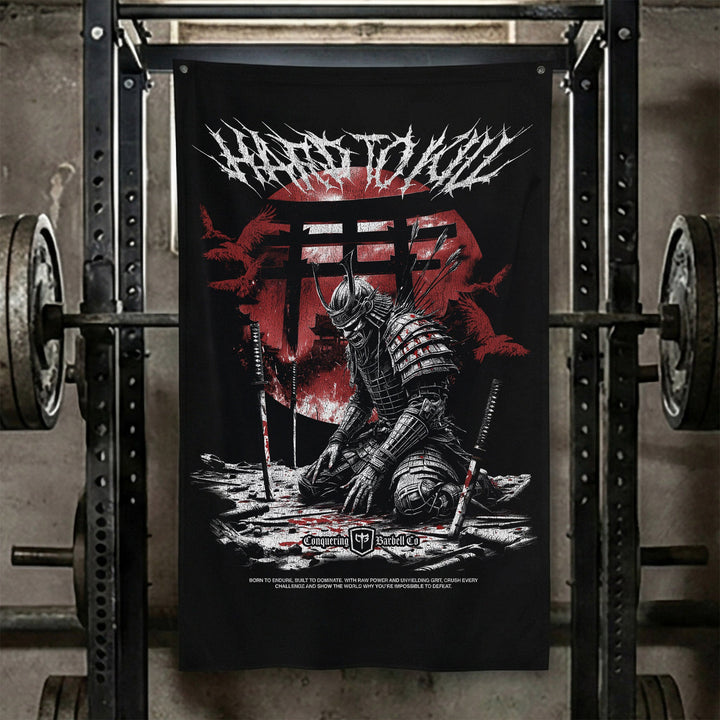Samurai - Hard to Kill - Polyester Flag, vertical black gym flag with samurai kneeling before a blood red rising sun - Conquering Barbell