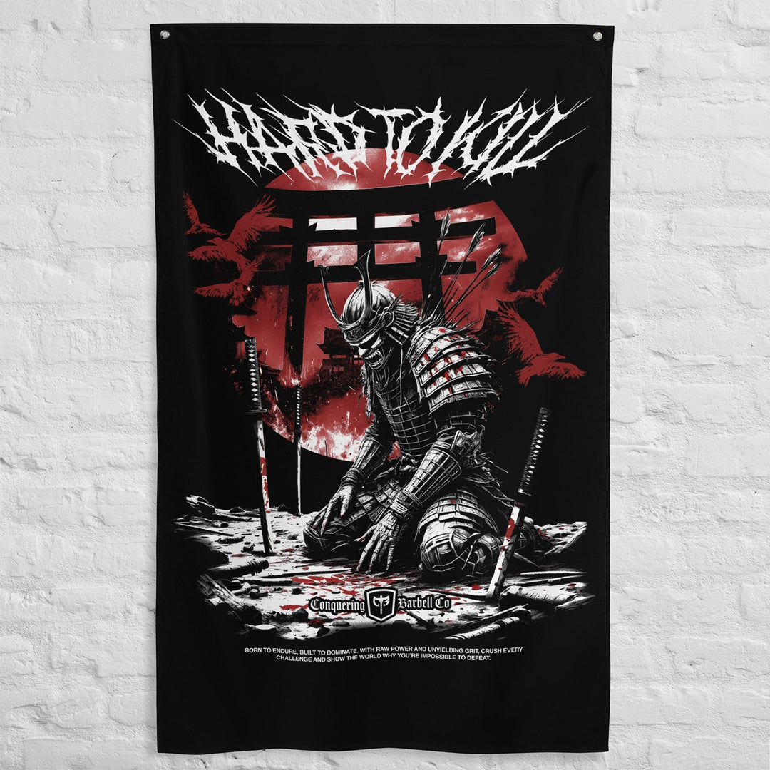 Samurai - Hard to Kill - Polyester Flag, vertical gym flag hanging in a home gym - Conquering Barbell