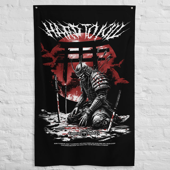 Samurai - Hard to Kill - Polyester Flag, vertical gym flag hanging in a home gym - Conquering Barbell