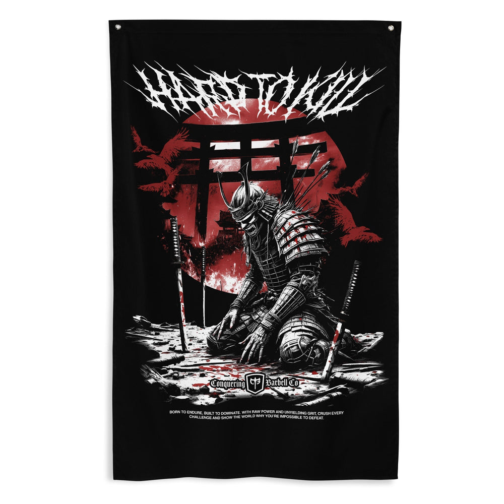 Samurai - Hard to Kill - Polyester Flag, vertical gym flag hanging in a home gym - Conquering Barbell