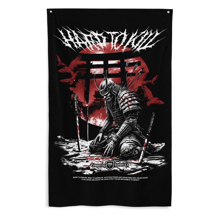 Samurai - Hard to Kill - Polyester Flag, vertical gym flag hanging in a home gym - Conquering Barbell