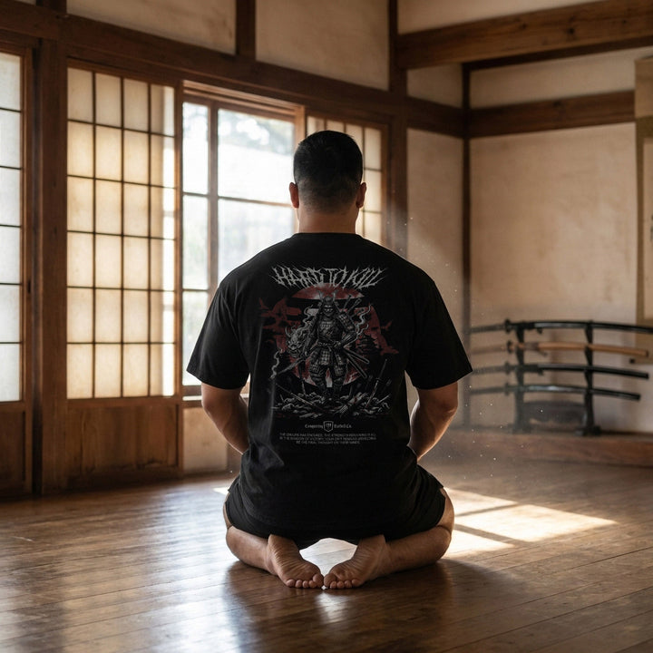 Samurai Hard to Kill V2 relaxed fit tee in Black: a warrior standing victorious over the fallen