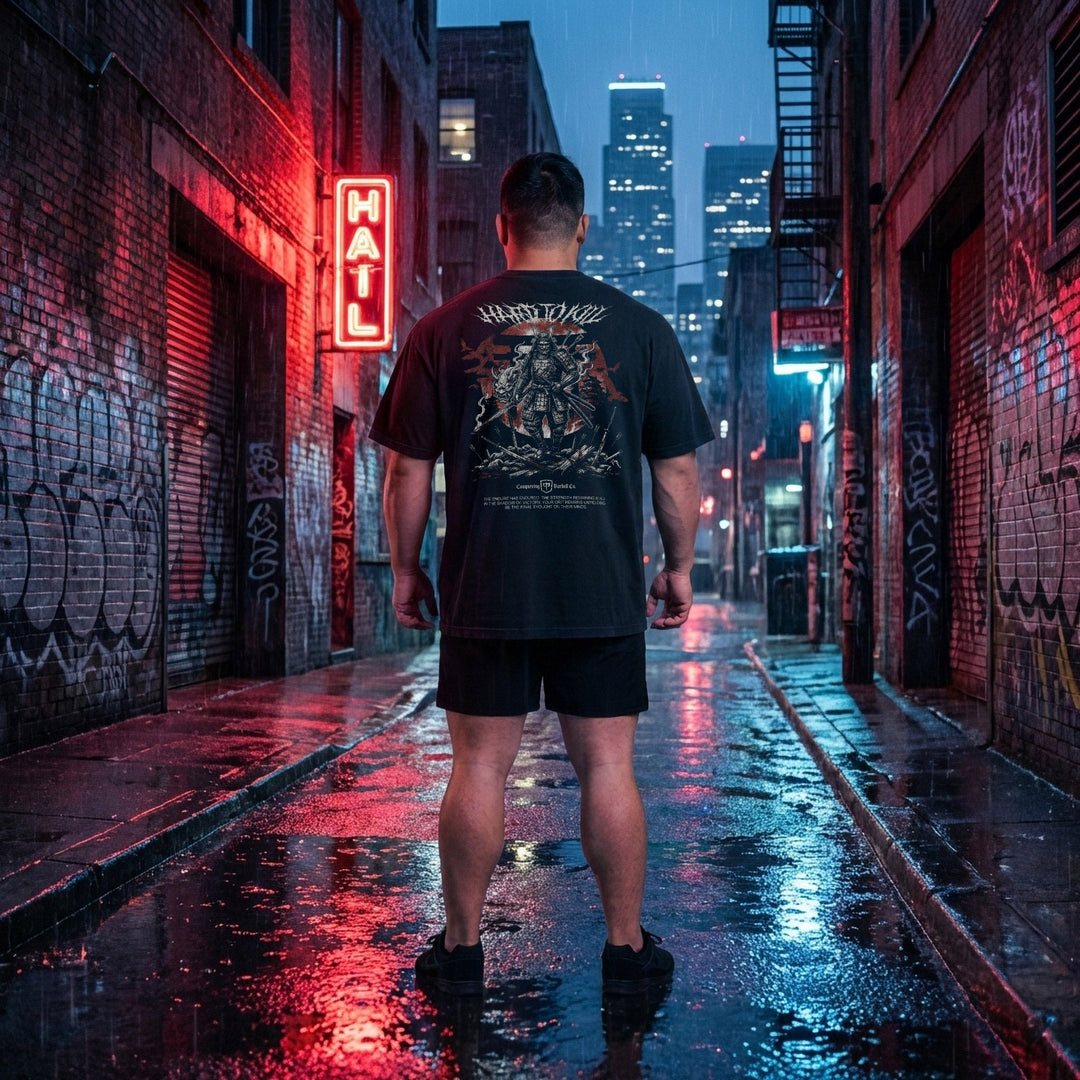 Samurai Hard to Kill V2 relaxed fit tee in Black: a warrior standing victorious over the fallen