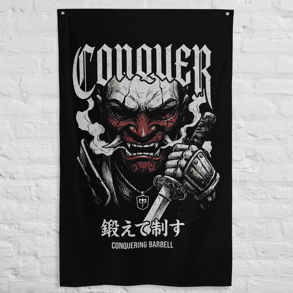 Samurai Oni Mask - Polyester Flag, vertical gym flag hanging in a home gym - Conquering Barbell