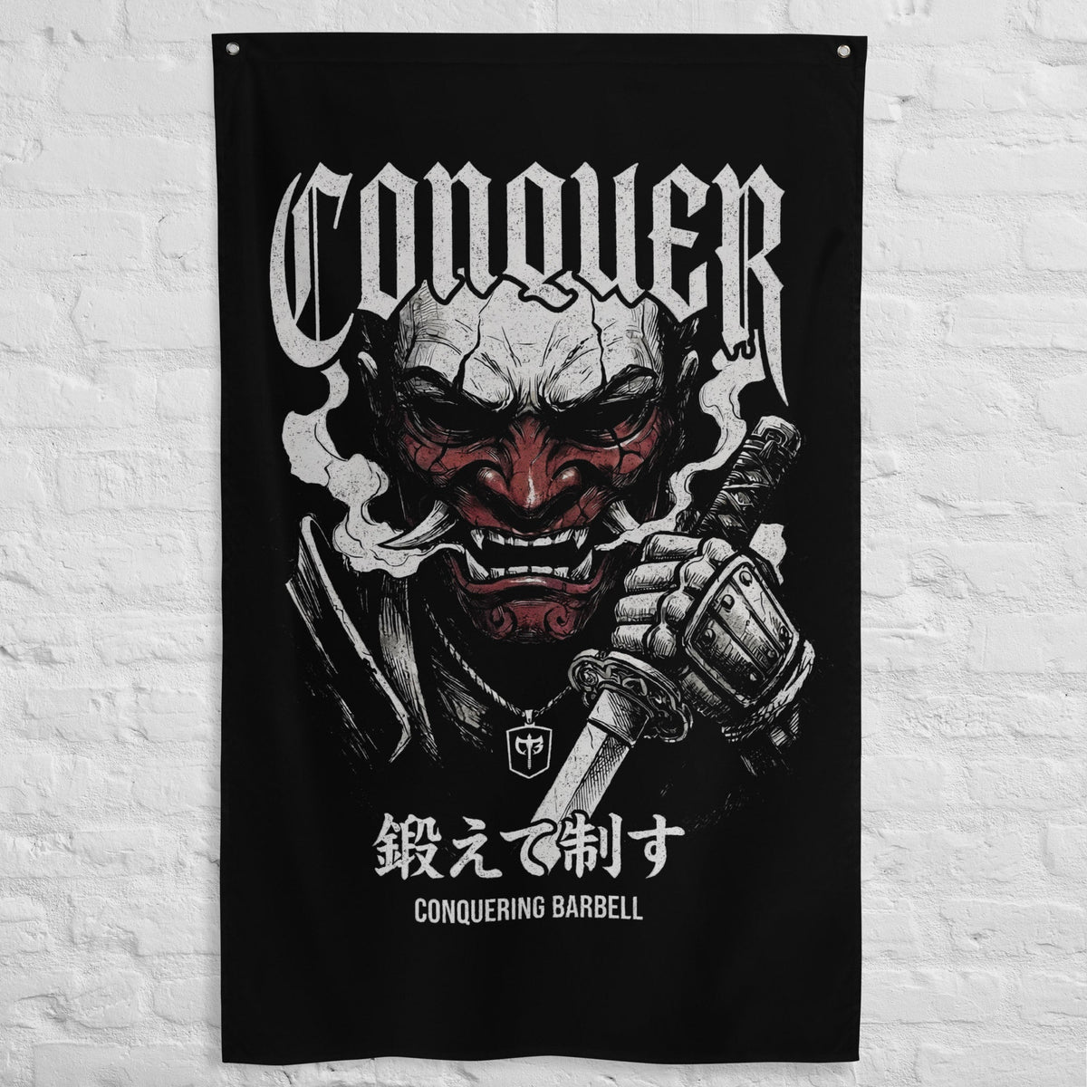 Samurai Oni Mask - Polyester Flag, vertical gym flag hanging in a home gym - Conquering Barbell