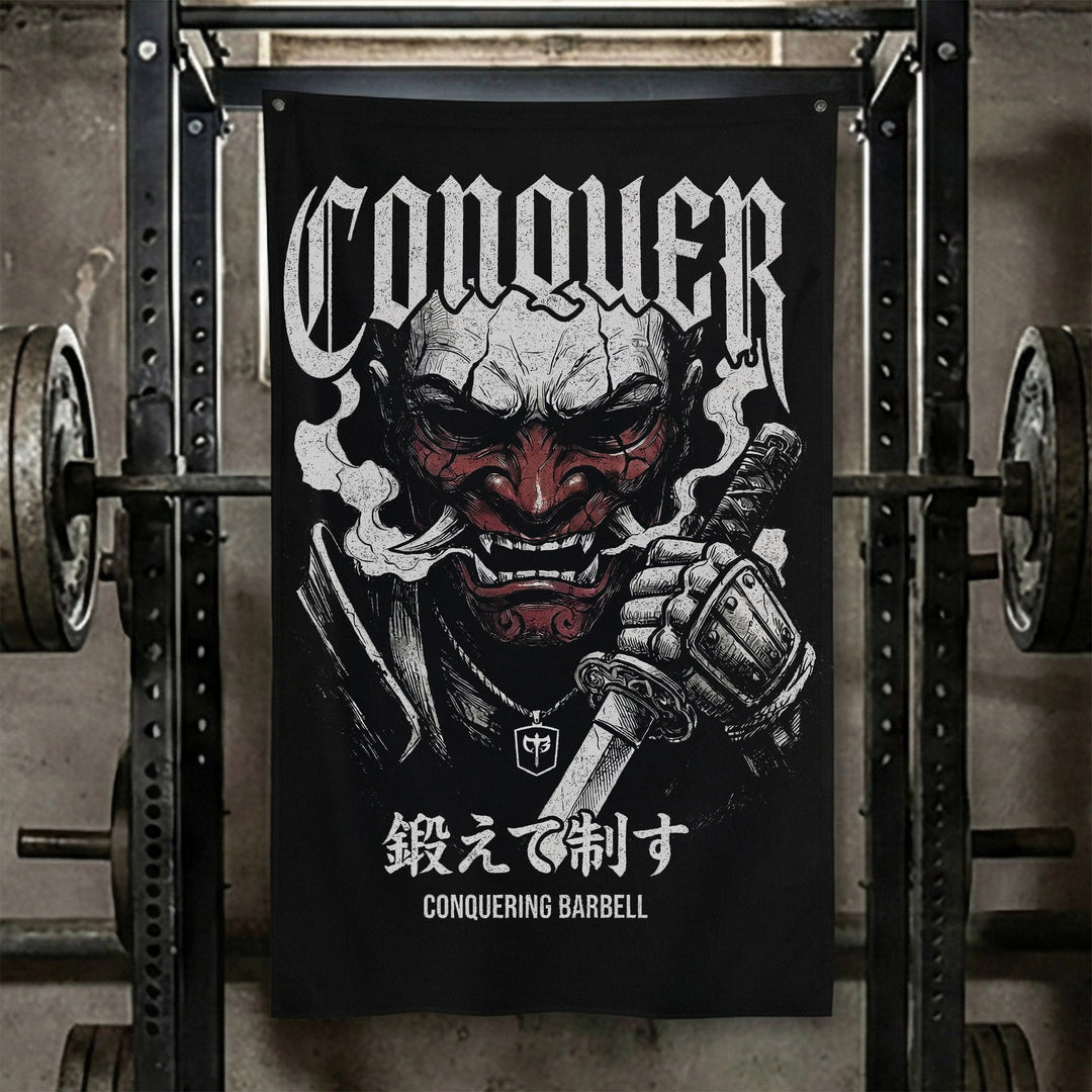Samurai Oni Mask - Polyester Flag, vertical black gym flag with samurai in a snarling oni mask gripping a katana - Conquering Barbell