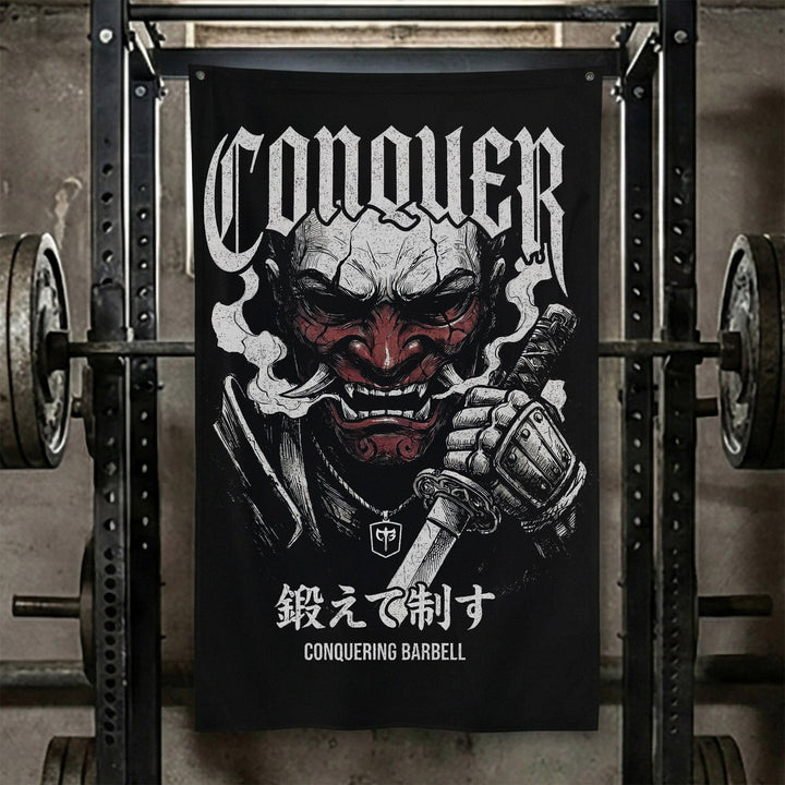 Samurai Oni Mask - Polyester Flag, vertical black gym flag with samurai in a snarling oni mask gripping a katana - Conquering Barbell
