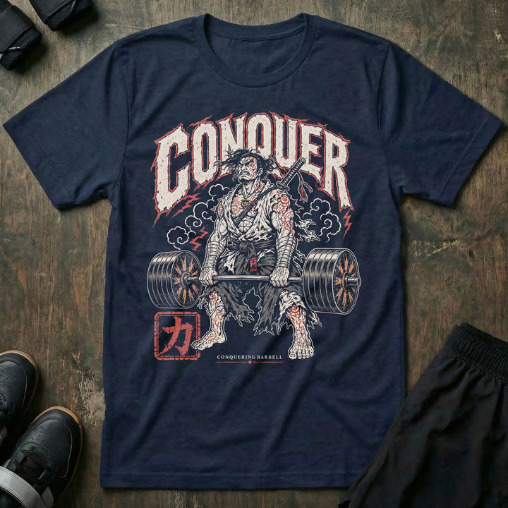 Samurai Strength tee in Navy: a battle-worn ronin at the bottom of a deadlift