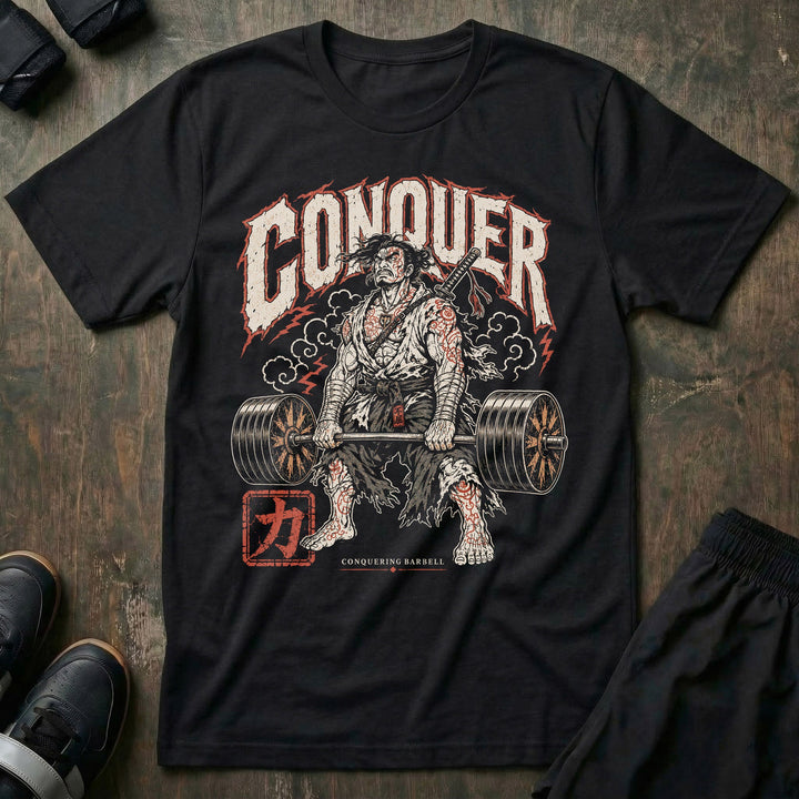 Samurai Strength tee in Black: a battle-worn ronin at the bottom of a deadlift