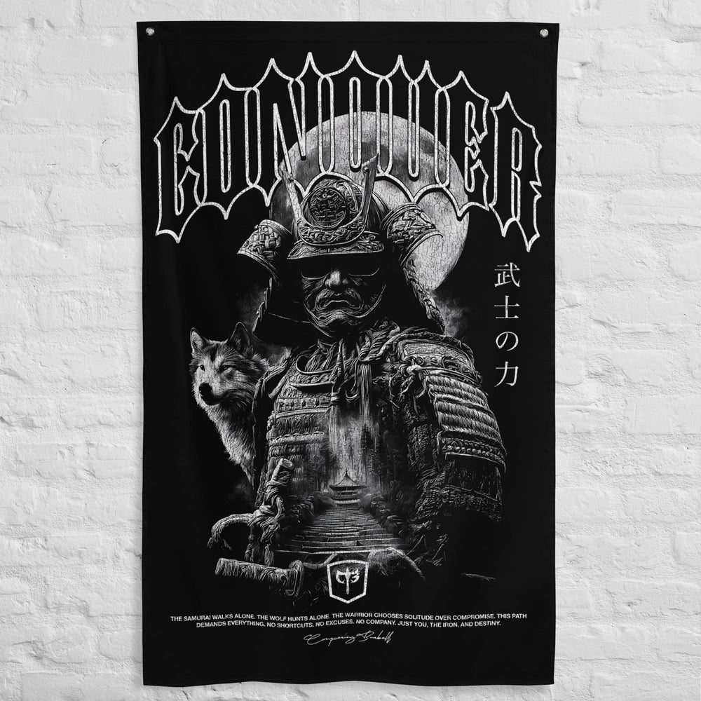 Samurai - The Path Is Mine Alone - Polyester Flag, vertical gym flag hanging in a home gym - Conquering Barbell