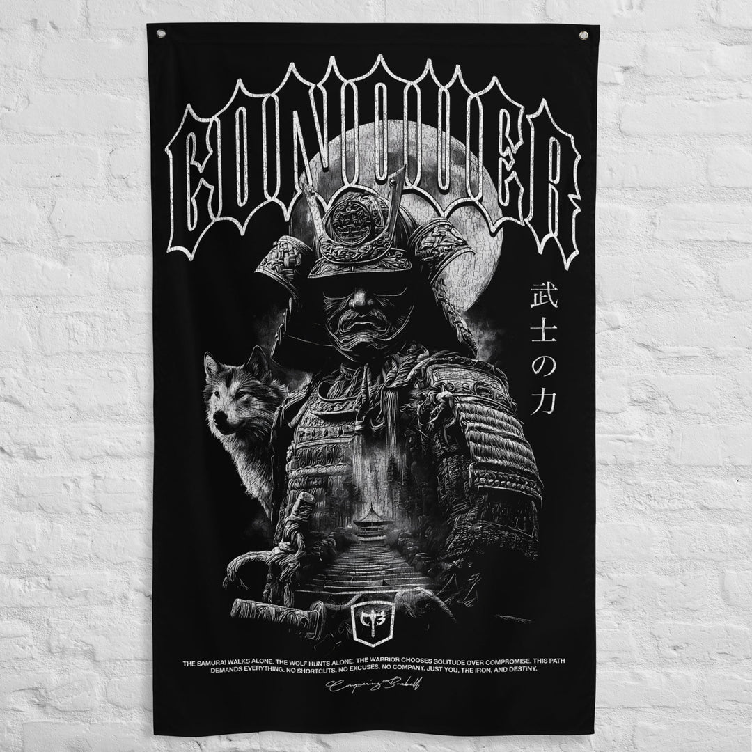 Samurai - The Path Is Mine Alone - Polyester Flag, vertical gym flag hanging in a home gym - Conquering Barbell