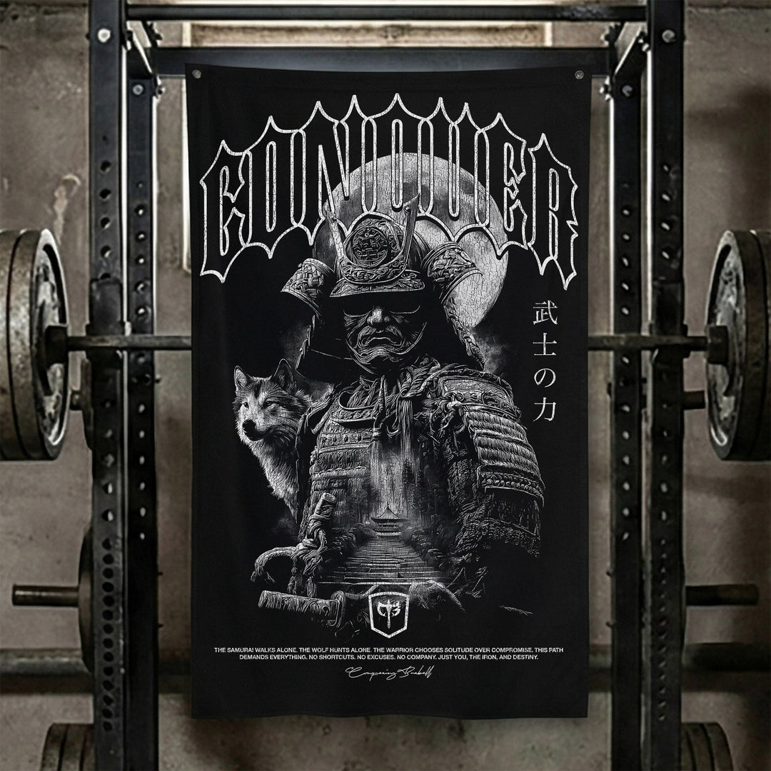 Samurai - The Path Is Mine Alone - Polyester Flag, vertical black gym flag with lone samurai with a wolf beneath a full moon - Conquering Barbell